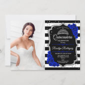 Quinceanera Party mit Foto - Royal Blue Silver Einladung (Vorderseite)