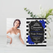 Quinceanera Party mit Foto - Royal Blue Silver Einladung (Stehend Vorderseite)