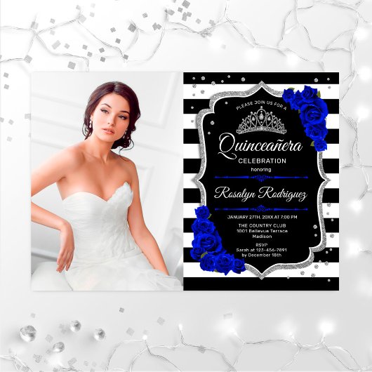 Quinceanera Party mit Foto - Royal Blue Silver Einladung