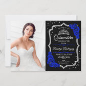 Quinceanera Party mit Foto - Royal Blue Silver Einladung (Vorderseite)
