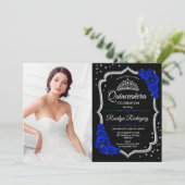 Quinceanera Party mit Foto - Royal Blue Silver Einladung (Stehend Vorderseite)
