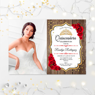 Quinceanera Party mit Foto - Rustikales Holz Gold Einladung