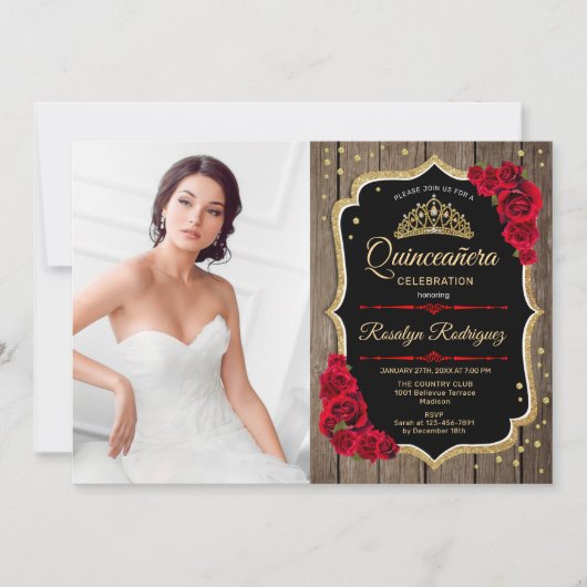 Quinceanera Party mit Foto - Rustikales Holzrot Einladung (Vorderseite)