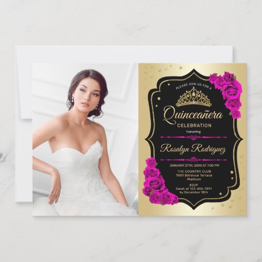 Quinceanera Party mit Foto - Schwarz-Rosa Einladung (Vorderseite)