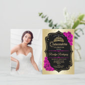 Quinceanera Party mit Foto - Schwarz-Rosa Einladung (Stehend Vorderseite)
