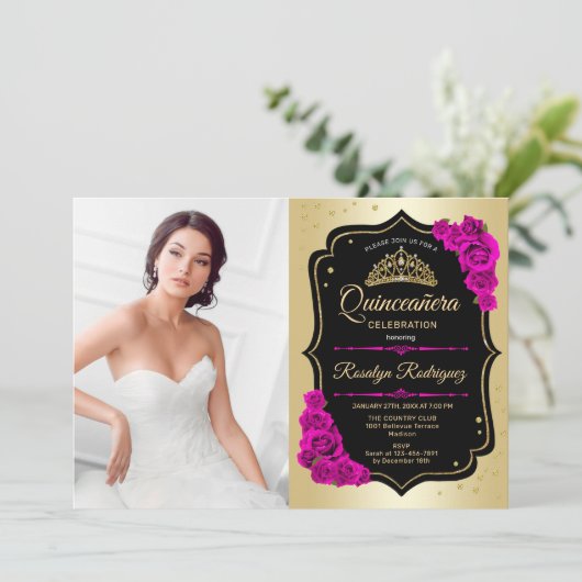 Quinceanera Party mit Foto - Schwarz-Rosa Einladung (Stehend Vorderseite)