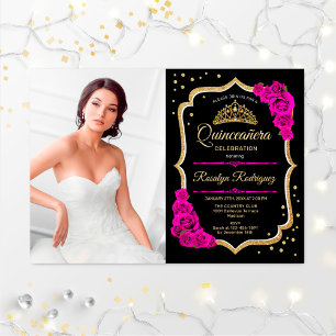 Quinceanera Party mit Foto - Schwarz Rosa Gold Einladung