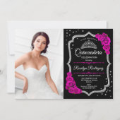 Quinceanera Party mit Foto - Schwarz-Rosa-Silber Einladung (Vorderseite)