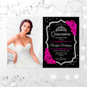 Quinceanera Party mit Foto - Schwarz-Rosa-Silber Einladung