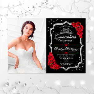 Quinceanera Party mit Foto - Schwarz-Rot-Silber Einladung