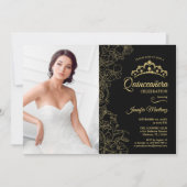 Quinceanera Party mit Foto - Schwarze goldene Flor Einladung (Vorderseite)