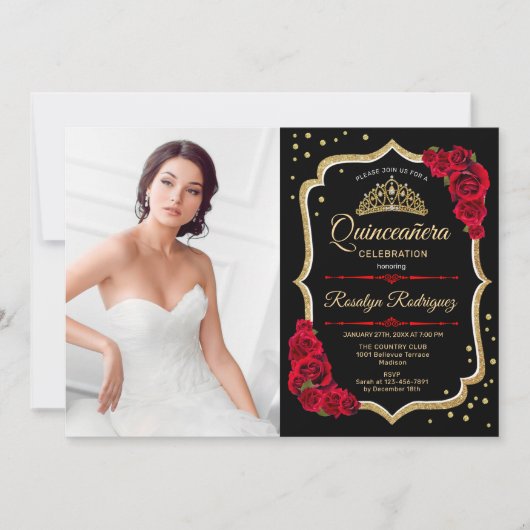 Quinceanera Party mit Foto - Schwarzes Rotes Gold Einladung (Vorderseite)