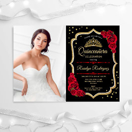 Quinceanera Party mit Foto - Schwarzes Rotes Gold Einladung