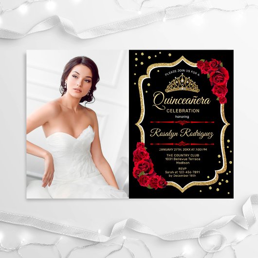 Quinceanera Party mit Foto - Schwarzes Rotes Gold Einladung