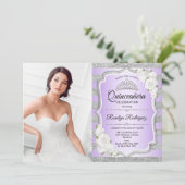 Quinceanera Party mit Foto - Silber Lila Einladung (Stehend Vorderseite)