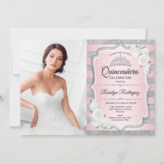 Quinceanera Party mit Foto - Silber rosa Einladung (Vorderseite)