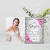Quinceanera Party mit Foto - Silber rosa Einladung (Stehend Vorderseite)