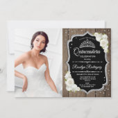 Quinceanera Party mit Foto - Silberrustikales Holz Einladung (Vorderseite)