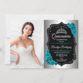Quinceanera Party mit Foto - Silberschwarz Aquamar Einladung (Vorderseite)