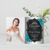 Quinceanera Party mit Foto - Silberschwarz Aquamar Einladung (Stehend Vorderseite)