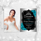 Quinceanera Party mit Foto - Silberschwarz Aquamar Einladung