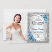 Quinceanera Party mit Foto - Silver Icy Blue Einladung (Vorderseite)