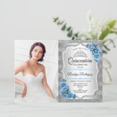 Quinceanera Party mit Foto - Silver Icy Blue Einladung (Stehend Vorderseite)