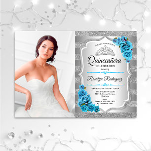 Quinceanera Party mit Foto - Silver Icy Blue Einladung