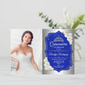 Quinceanera Party mit Foto - Silver Royal Blue Einladung (Stehend Vorderseite)