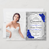 Quinceanera Party mit Foto - Silver Royal Blue Einladung (Vorderseite)