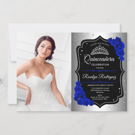 Quinceanera Party mit Foto - Silver Royal Blue Einladung (Vorderseite)