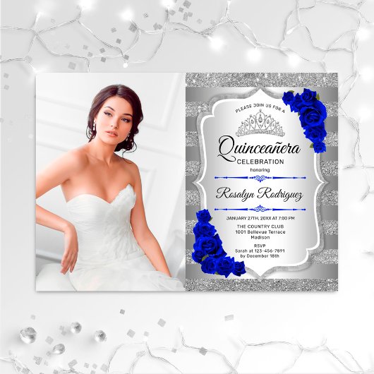 Quinceanera Party mit Foto - Silver Royal Blue Einladung