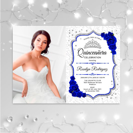 Quinceanera Party mit Foto - Silver Royal Blue Einladung