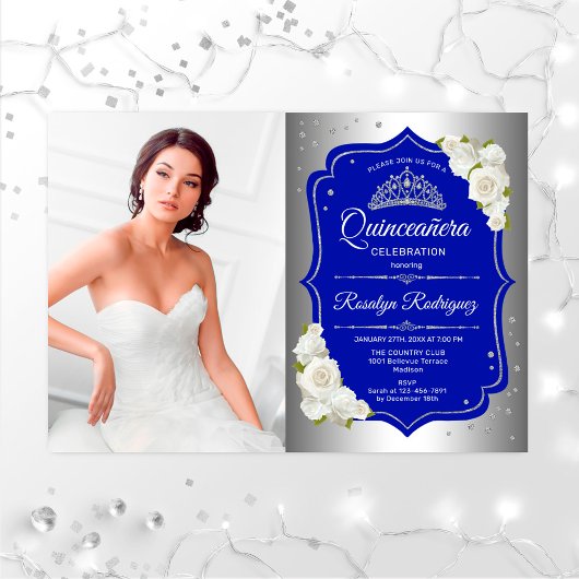 Quinceanera Party mit Foto - Silver Royal Blue Einladung