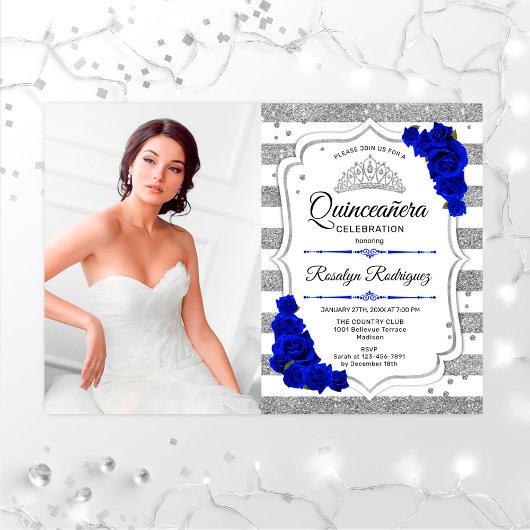 Quinceanera Party mit Foto - Silver Royal Blue Einladung