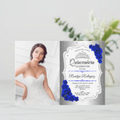 Quinceanera Party mit Foto - Silver Royal Blue Einladung (Stehend Vorderseite)