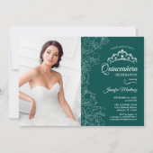 Quinceanera-Party mit Foto Smaragdgrün Einladung (Vorderseite)