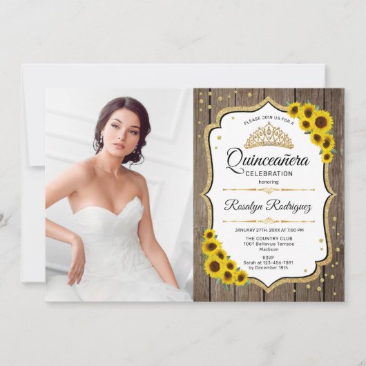 Quinceanera Party mit Foto - Sonnenblumen Rustikal Einladung (Vorderseite)