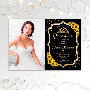 Quinceanera Party mit Foto - Sonnenblumen Schwarz Einladung