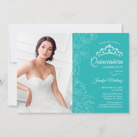 Quinceanera Party mit Foto - Türkisblau Einladung (Vorderseite)