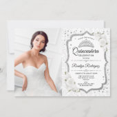 Quinceanera Party mit Foto - Weißes Silber Einladung (Vorderseite)
