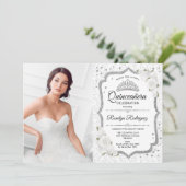 Quinceanera Party mit Foto - Weißes Silber Einladung (Stehend Vorderseite)