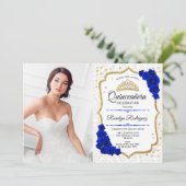 Quinceanera Party mit Foto - White Gold Blue Einladung (Stehend Vorderseite)