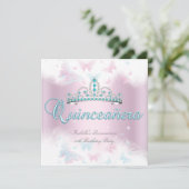 Quinceanera Party Pink Aquamarin Tiara Butterfly 2 Einladung (Stehend Vorderseite)