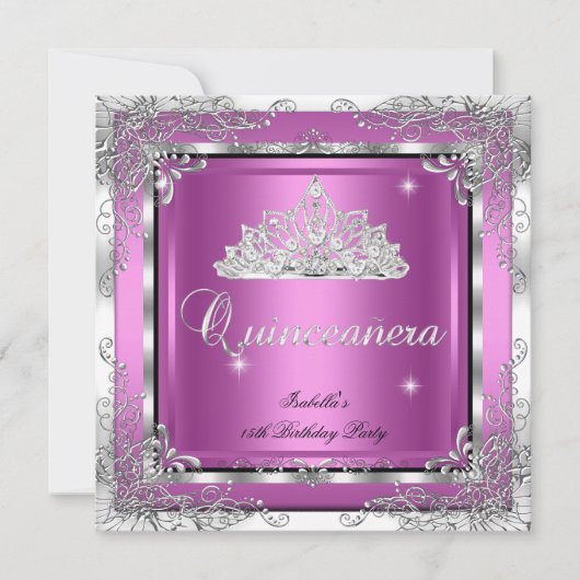 Quinceanera Party Pink Silver Diamond Tiara Einladung (Vorderseite)