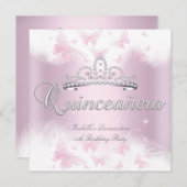 Quinceanera Party Pink White Tiara Butterfly Einladung (Vorne/Hinten)