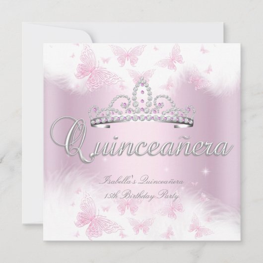 Quinceanera Party Pink White Tiara Butterfly Einladung (Vorderseite)