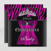 Quinceanera Party Pink Zebra Black Tiara Corset Einladung (Vorne/Hinten)