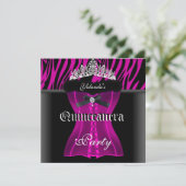 Quinceanera Party Pink Zebra Black Tiara Corset Einladung (Stehend Vorderseite)
