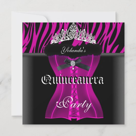 Quinceanera Party Pink Zebra Black Tiara Corset Einladung (Vorderseite)